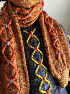 a close up of a knitted scarf on a mannequin