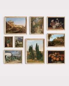 six framed paintings on the wall, each with different scenes in them and one has a vase full of fruit