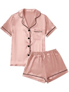 PRICES MAY VARY. Material: Pajama set is made of Premium 95%Polyester+5%Spandex satin fabric.Ultra soft silk pajamas for women, lightweight and Skin-friendly. Features: 2 Piece Pajama Set featuring classic sleepwear style.Short sleeve sleepwear with notch collar,button front pajamas shirt and one chest pocket design. Pajama shorts for women with soft elastic waist that fits for any body size and makes relaxing as comfort as possible. Match: Casual nightwear but in fashion way! You really need pa Bride Pajamas, Baby Pink Top, Pajamas Shirt, Satin Pajamas Set, Bride Pajama, Satin Pjs, Shorts Pajamas, Floral Pajama Set, Pjs Set