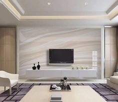 a living room with a large flat screen tv mounted to the side of a wall