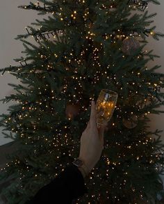 a person holding a wine glass in front of a christmas tree with lights on it