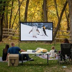 people sitting in lawn chairs watching penguins on the screen at an outdoor movie theater with two adults and one child