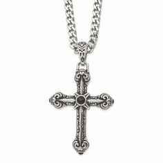 Stainless Steel Antiqued Cross w/Synthetic Black Agate 24in Necklace. Finish:Polished & Antiqued|Stone Type_1:Agate|Stone Color_1:Black|Stone Quantity_1:1|Chain Length:24 in|Chain Width:7 mm|Charm/Element Length:69 mm|Charm/Element Width:52 mm|Clasp /Connector:Lobster (Fancy)|Material: Primary:Stainless Steel|Stone Shape_1:Round|Item Weight U/M:gm|Product Type:Jewelry|Jewelry Type:Necklaces|Sold By Unit:Each|Necklace Type:Necklace with Pendants|Gender:Men's|Bail Width:9 mm|Material: Primary - Co Mens Sterling Silver Bracelets, Black Agate Necklace, Onyx Ring Men, Ornate Cross, Black Agate Stone, Mens Beaded Necklaces, Mens Sterling Silver Necklace, Mens Cross Necklace, Stainless Steel Chain Necklace