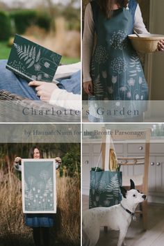 four different photos with the words charlotte's garden written on them, including a woman holding a book and a dog