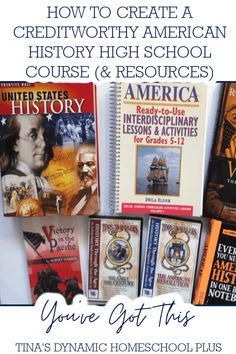 books are stacked on top of each other with the title how to create a credit worth american history high school course & resources