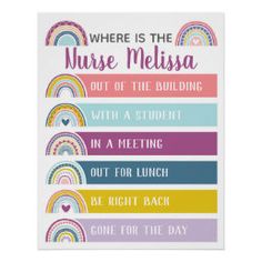 a card with the words where is the nurse? and rainbows in different colors