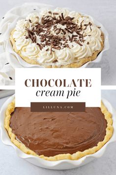 chocolate cream pie with whipped cream and chocolate shavings in the crust on top