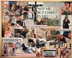 a collage of photos with words and pictures on it that say, not me but christ in me