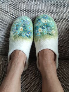 A pair of original  felted slippers.  100% handmade. 100% natural wool. These felted slippers are made using only natural products -wool, hot water and organic soap.   Available with rubber or latex soles. Rubber soles are glued and sewn. Safe in walk. You can wear them indoors and outdoors too. Soles covered with natural latex makes them not slippery to walk, only for indoors. Made of soft, natural sheep wool, they gently massage feet. Slippers will let your feet skin breathe.  Warm feeling on Hand Made Shoes, Wool Clogs, Felt Slippers, Wool Accessories, Felt Shoes, Slippers Boots, Romantic Gifts For Her, Felting Wool, Home Comfort