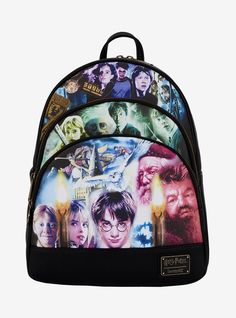 a harry potter backpack with many images on it