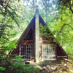 a - frame cabin nestled in the woods surrounded by trees and greenery, with large windows