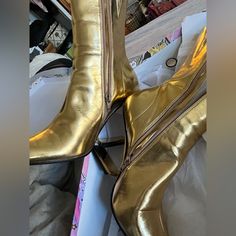 Jeffrey Campbell Gold Boots. Great Winter Boots, Really Comfortable. Have Only Worn Once (Unfortunately I Have To Give Away Lots Of My Shoes For Space) So They Look Brand New! In Their Box And Packets For Protection. ***Important Info** If You Tend To Struggle With Ankle Boots And Closing The Zipper Because Of Thick Ankles, Then These May Fit Tight Because Of The “Area Around The Ankle/Start Of The Calf” Where The Zipper Ends Is Narrow. Vintage Closed Toe Boots For Party, Gold Heeled Boots With Reinforced Heel For Party, Retro Pointed Toe Boots For Party, Retro Pointed Toe Party Boots, Gold Round Toe Boots For Evening, Gold Round Toe Evening Boots, Retro Leather Party Boots, Vintage Pointed Toe Heeled Boots For Party, Gold Closed Toe Boots For Party