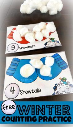 two snowballs are sitting on top of each other in front of an envelope with the words, free winter counting practice