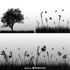 black and white silhouettes of trees, grass and butterflies