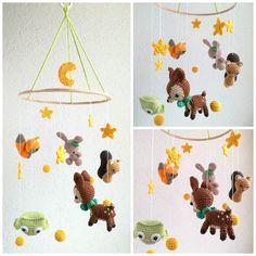 crocheted animals and stars hanging from the ceiling in three different ways, including one with a green ribbon