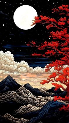 a painting of mountains and trees under a full moon