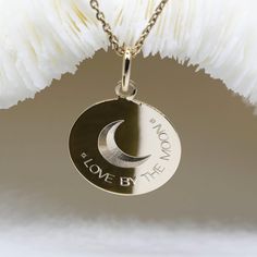 Moon pendant 17 mm (0.67') LOVE BY THE MOON on engraved medal in 3 micron gold plated or high quality French 925 silver It is available alone or as an optional necklace with a 45 cm (17.71'), 50 cm (19.68') or 60 cm (23.62') chain. ----- LOVE BY THE MOON Love by the moon is the lunar side of "Live by the sun, love by the Moon", an invitation to live according to your yin & yang energies. A unique, inspiring, delicately engraved piece of jewelry. Also find... the LiVE BY THE SUN pendant ★ https:/ Moon And Sun Necklace, Love By The Moon, Yoga Pendant, Love Moon, Necklace Moon, Sun Necklace, Moon And Sun, Celestial Necklace, Moon Charm