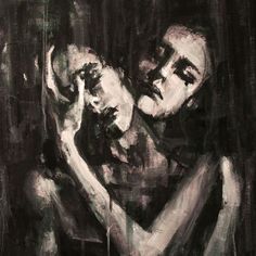 a black and white painting of a man holding a woman's head in his arms