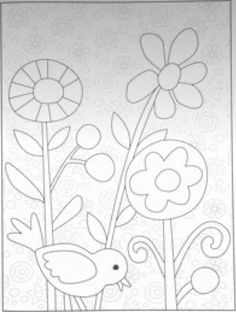 a coloring page with flowers and a bird