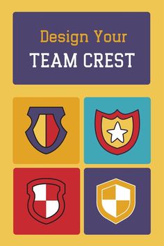 a book cover with the title design your team crest in four different colors and shapes