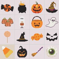 a cross stitch pattern with pumpkins and other halloween related items on it's side