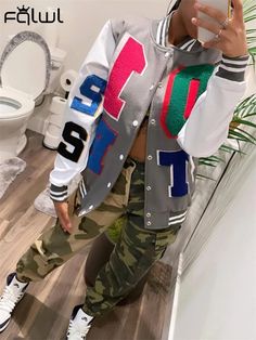 Toloer Autumn Baseball Black Jackets For Women 2022 Print Patchwork Loose Tops Jackets Coats Streetwear Varsity Bomber Jackets Casual White Outerwear With Splicing, White Spliced Outerwear For Fall, White Long Sleeve Outerwear With Splicing, White Spliced Long Sleeve Outerwear, Casual Varsity Jacket With Patchwork For Fall, Casual Fall Varsity Jacket With Patches, Casual Long Sleeve Varsity Jacket With Patchwork, Casual Patchwork Varsity Jacket For Fall, Casual Long Sleeve Patchwork Varsity Jacket