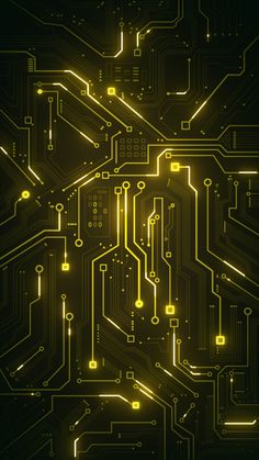 an abstract computer circuit board with yellow lights