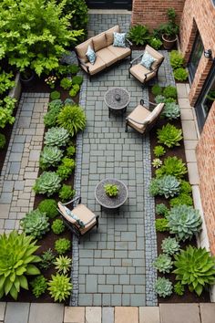 an aerial view of a patio and seating area