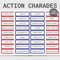 two red, white and blue labels with the words action charadess on them