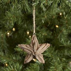 a wooden star ornament hanging from a christmas tree