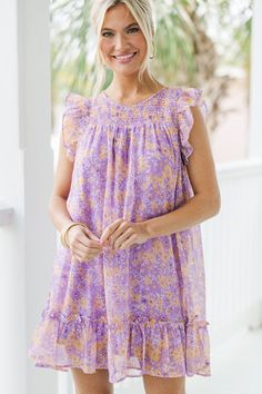 Turn heads this season with this adorable babydoll dress! Its ditsy floral print is so soft and colorful, making this dress a burst of joy and color. The cute ruffled detailing and flowy fit add a touch of whimsy, making it a perfect choice for any... Romantic Date Night, Ditsy Floral Dress, Romantic Date, Ditsy Floral Print, Lavender Purple, Model Fits, Ditsy Floral, 50's Dress, Babydoll Dress