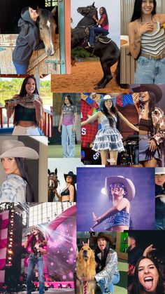 a collage of photos with different people and animals in the middle one has a cowboy hat