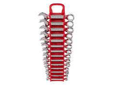 a red tool rack with tools in it on a white background, there is also a set of wrenches and pliers