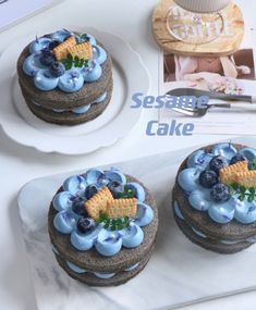 two cakes decorated with ice cream and blueberries