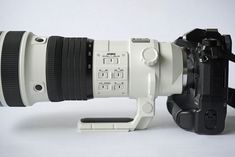 a camera with a lens attached to it's body on a white table top