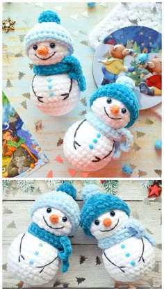 crocheted snowmen with hats and scarves are shown in three different pictures