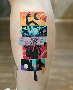 a person with a colorful tattoo on their leg