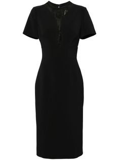 black stretch-design cady texture floral-lace detailing crew neck short sleeves concealed rear zip fastening straight hem below-knee length Midi Dress Black, Lace Panelled, Elie Saab, Black Midi Dress, Black Stretch, Cocktail Dress Party, Perfect Dress, Floral Lace, Dress Black