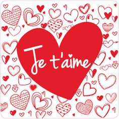 a red heart with the word je t'aime written in it and lots of hearts