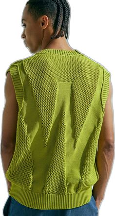 Casual Yellow Knit Sweater Vest, Green Cotton Crew Neck Sweater Vest, Trendy Crew Neck Winter Vest, Trendy Winter Crew Neck Vest, Trendy Winter Vest With Crew Neck, Crew Neck Vest For Streetwear In Spring, Crew Neck Vest For Spring Streetwear, Casual Green Sleeveless Sweater, Trendy Knit Crew Neck Vest