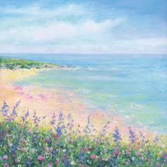 an oil painting of a beach with flowers in the foreground