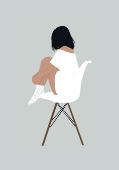 a woman sitting on top of a white chair with her legs crossed in the air