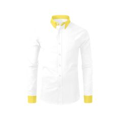 Men’s yellow-collared shirt with yellow cuff details Formal Yellow Cotton Shirt, Cotton Shirt With Contrast Collar And Long Sleeves, Cotton Shirt With Contrast Collar Long Sleeve, White Long Sleeve Shirt With Placket, White Fitted Dress Shirt With Casual Collar, Formal Yellow Shirt For Spring, Yellow Formal Shirt For Spring, White Dress Shirt For Office In Spring, White Dress Shirt For Spring Office Wear