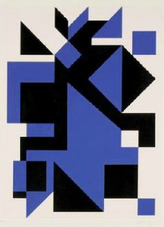 an abstract painting with blue and black squares