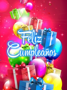 a bunch of presents are stacked on top of each other with the words feliz cumpleanos above them