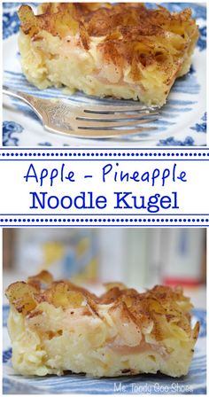 an apple - pineapple noodle kugel on a blue and white plate with a fork