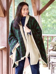 This soft, cozy cape features our signature flannel woven for us in Portugal and lined with plush fleece to keep you warm, whether snuggling on the couch or taking the dog for a walk. It has a cozy wrap style with handy side pockets trimmed in sherpa fleece for added warmth. Reversible for two looks! Portuguese Black Watch flannel on one side Insulating sherpa fleece on the other side Wrap style Two sherpa-trimmed side pockets Reversible for twice the style One size fits most Flannel, 100% cotto Vermont Country Store, Cozy Wrap, Green Flannel, Sherpa Hoodie, Country Store, Fall Collections, Sherpa Fleece, Black Watch, Sleepwear Women