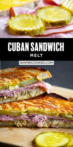 the cuban sandwich is cut in half and ready to be eaten with pickles on the side