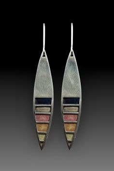 Enameled Earrings - Champleve enamel and sterling earrings. These earrings are inlaid with beautiful transparent enamel and fired in a kiln. Oxidized sterling and matte finished enamel. Care: clean with a toothbrush and detergent under running water. Painted Enamel Jewelry, Metal Jewelry Handmade, Enameling Jewelry, Cloisonne Enamel Jewelry, Silver Smithing, Earrings Hanging, Metalsmithing Jewelry, Jewelry Design Inspiration, Paper Earrings