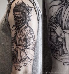 a man with a tattoo on his arm next to an image of a skeleton holding a knife